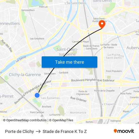 Porte de Clichy to Stade de France K To Z map