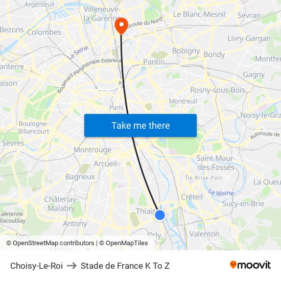 Choisy-Le-Roi to Stade de France K To Z map