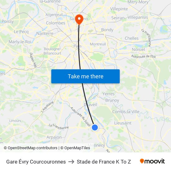 Gare Évry Courcouronnes to Stade de France K To Z map