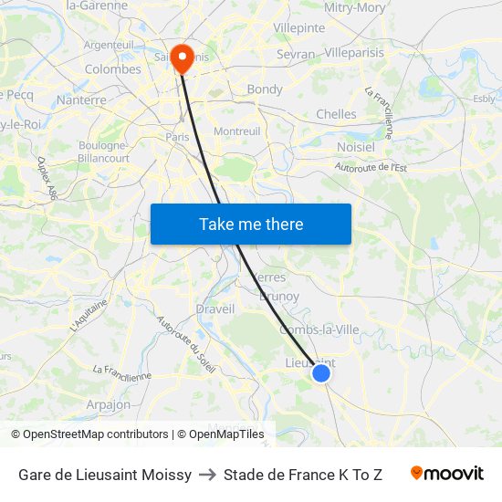 Gare de Lieusaint Moissy to Stade de France K To Z map