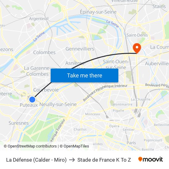 La Défense (Calder - Miro) to Stade de France K To Z map