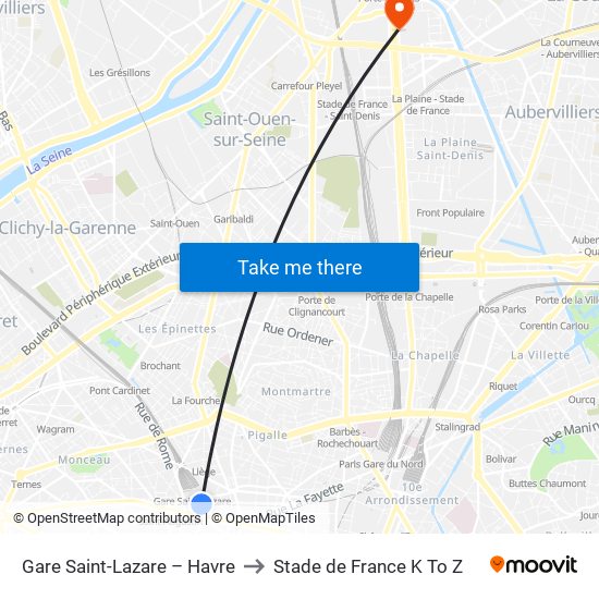 Gare Saint-Lazare – Havre to Stade de France K To Z map