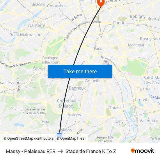 Massy - Palaiseau RER to Stade de France K To Z map