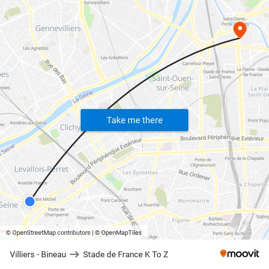 Villiers - Bineau to Stade de France K To Z map