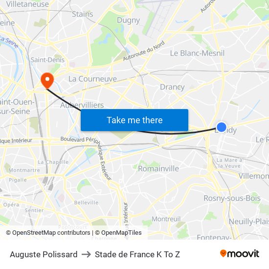 Auguste Polissard to Stade de France K To Z map
