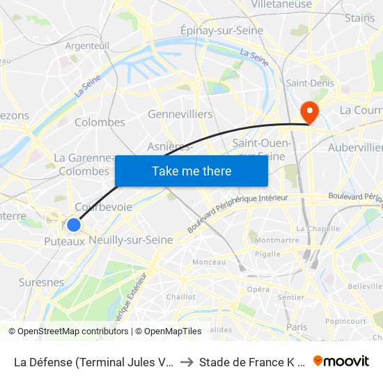 La Défense (Terminal Jules Verne) to Stade de France K To Z map
