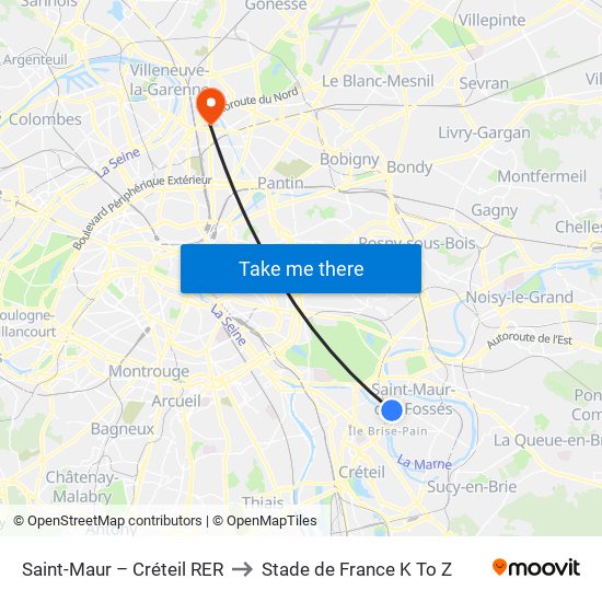 Saint-Maur – Créteil RER to Stade de France K To Z map