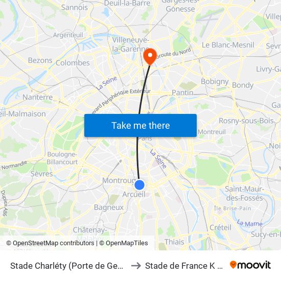 Stade Charléty (Porte de Gentilly) to Stade de France K To Z map