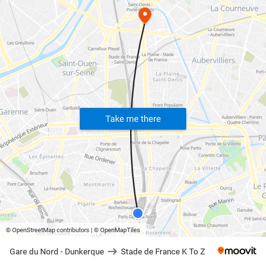 Gare du Nord - Dunkerque to Stade de France K To Z map