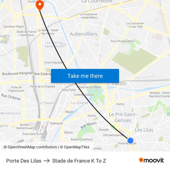 Porte Des Lilas to Stade de France K To Z map