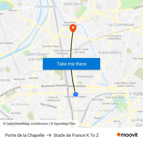 Porte de la Chapelle to Stade de France K To Z map
