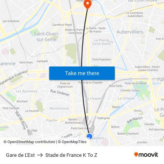Gare de L'Est to Stade de France K To Z map