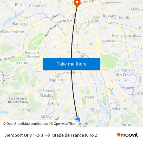 Aéroport Orly 1-2-3 to Stade de France K To Z map