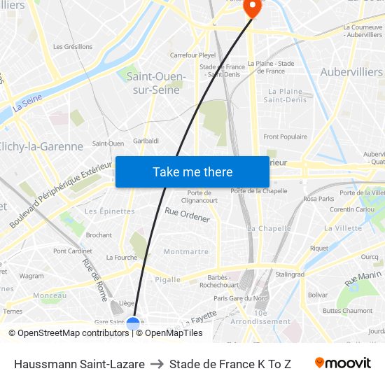 Haussmann Saint-Lazare to Stade de France K To Z map