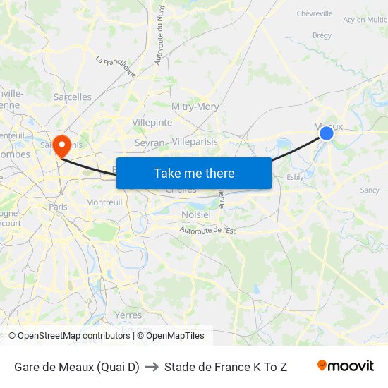 Gare de Meaux (Quai D) to Stade de France K To Z map