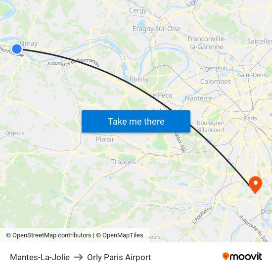 Mantes-La-Jolie to Orly Paris Airport map