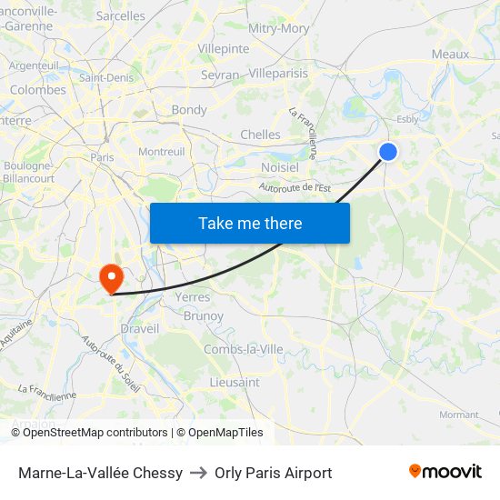 Marne-La-Vallée Chessy to Orly Paris Airport map