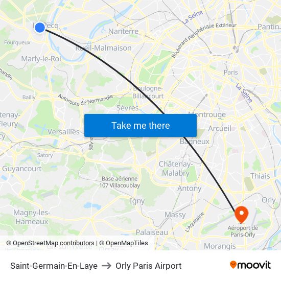 Saint-Germain-En-Laye to Orly Paris Airport map