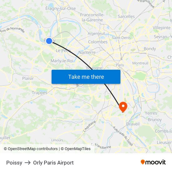 Poissy to Orly Paris Airport map