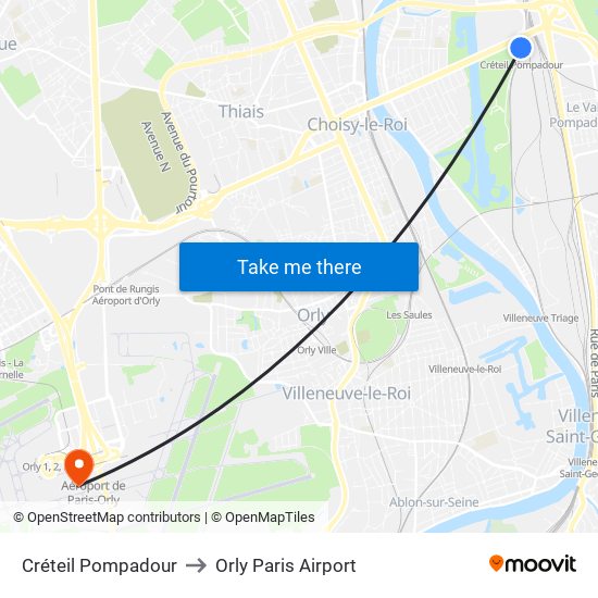 Créteil Pompadour to Orly Paris Airport map