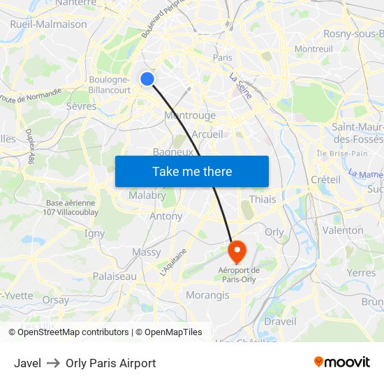 Javel to Orly Paris Airport map