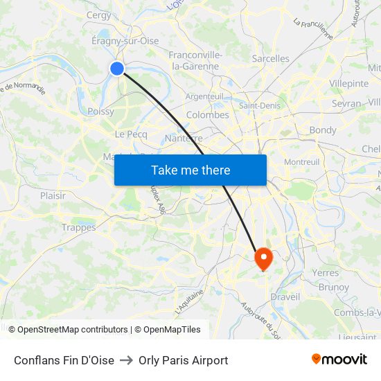 Conflans Fin D'Oise to Orly Paris Airport map