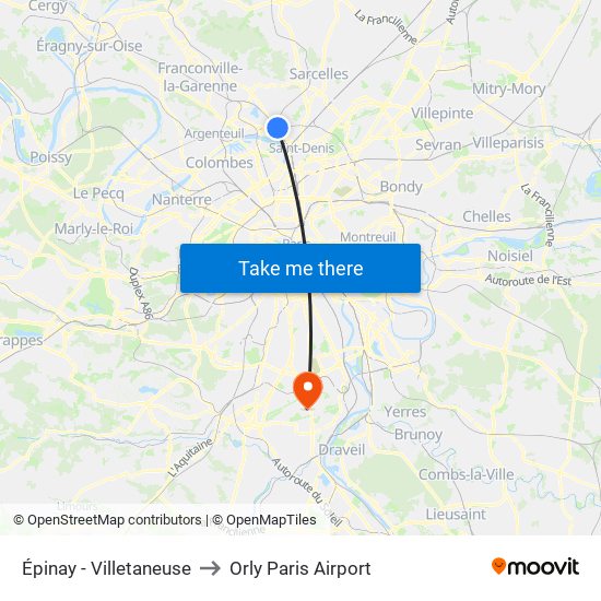 Épinay - Villetaneuse to Orly Paris Airport map
