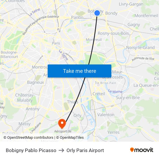 Bobigny Pablo Picasso to Orly Paris Airport map