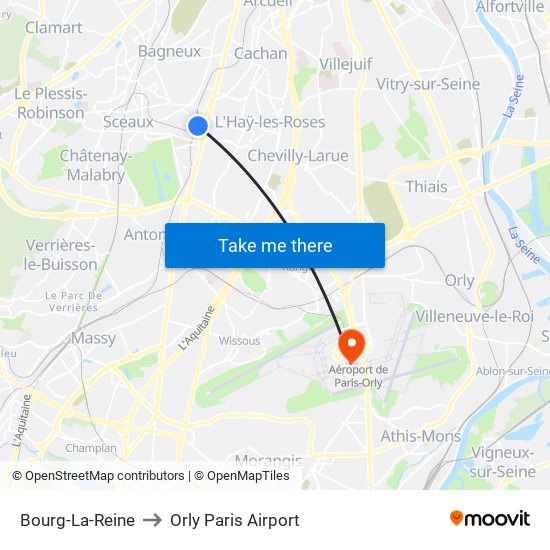Bourg-La-Reine to Orly Paris Airport map