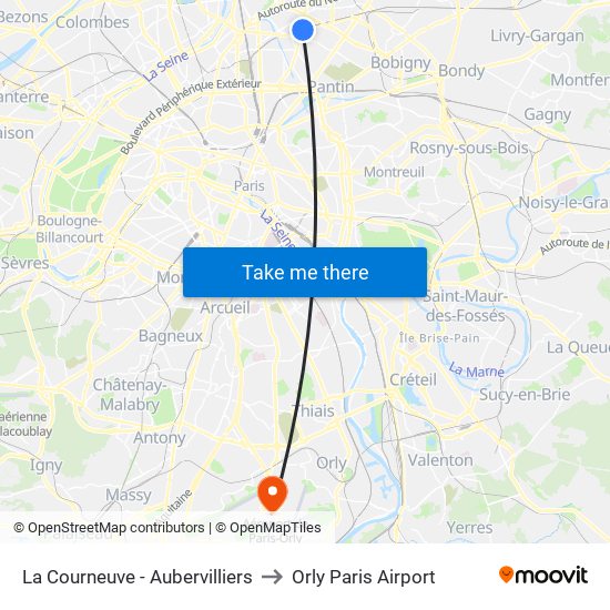 La Courneuve - Aubervilliers to Orly Paris Airport map