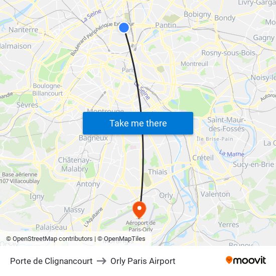 Porte de Clignancourt to Orly Paris Airport map