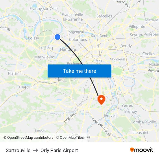 Sartrouville to Orly Paris Airport map