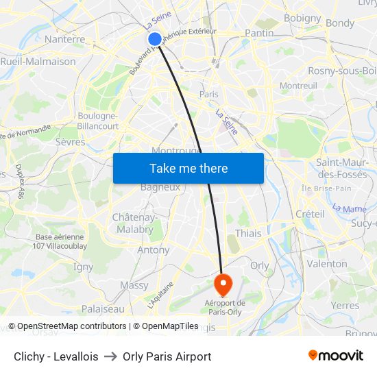 Clichy - Levallois to Orly Paris Airport map