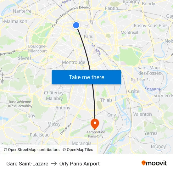 Gare Saint-Lazare to Orly Paris Airport map
