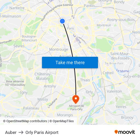 Auber to Orly Paris Airport map