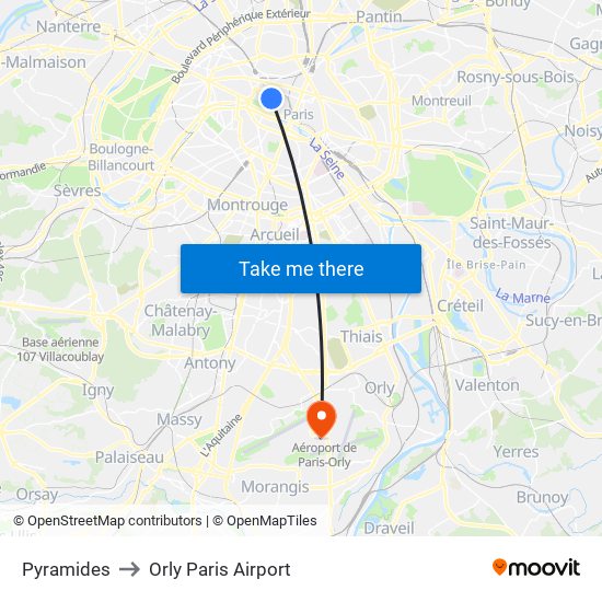 Pyramides to Orly Paris Airport map
