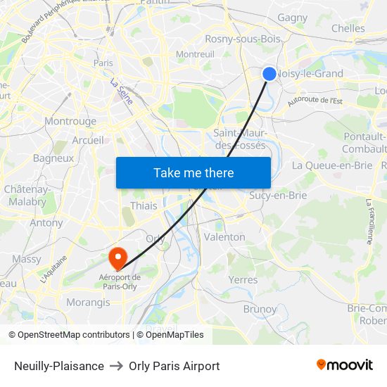 Neuilly-Plaisance to Orly Paris Airport map