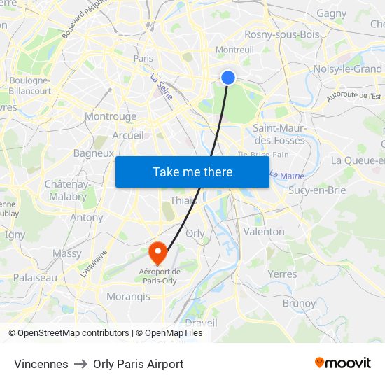 Vincennes to Orly Paris Airport map