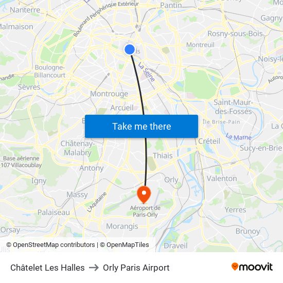 Châtelet Les Halles to Orly Paris Airport map
