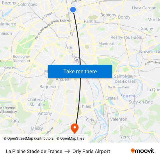 La Plaine Stade de France to Orly Paris Airport map