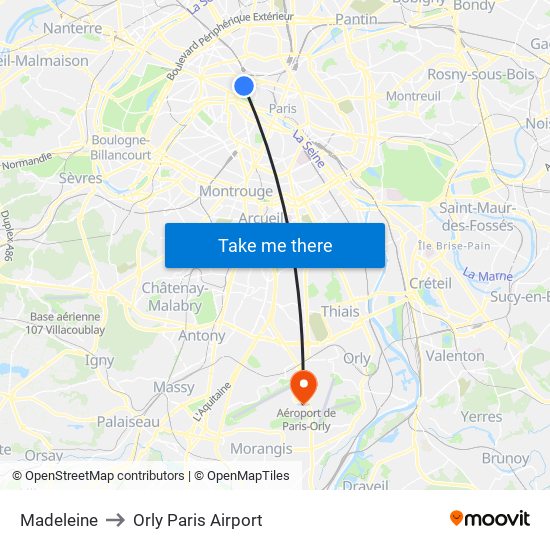 Madeleine to Orly Paris Airport map