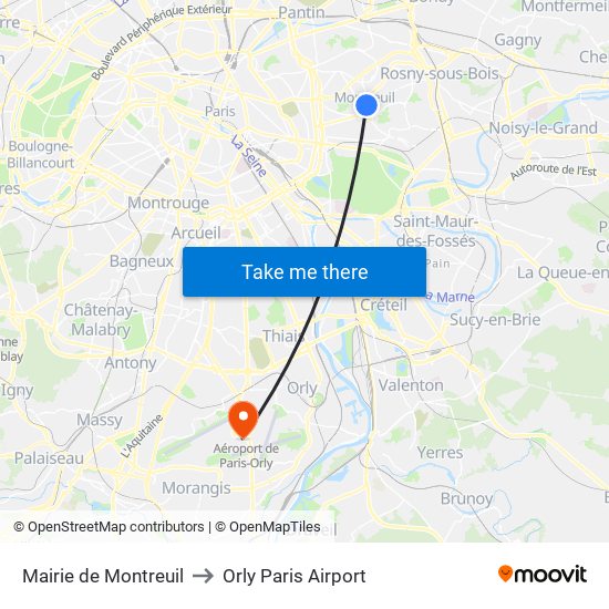 Mairie de Montreuil to Orly Paris Airport map