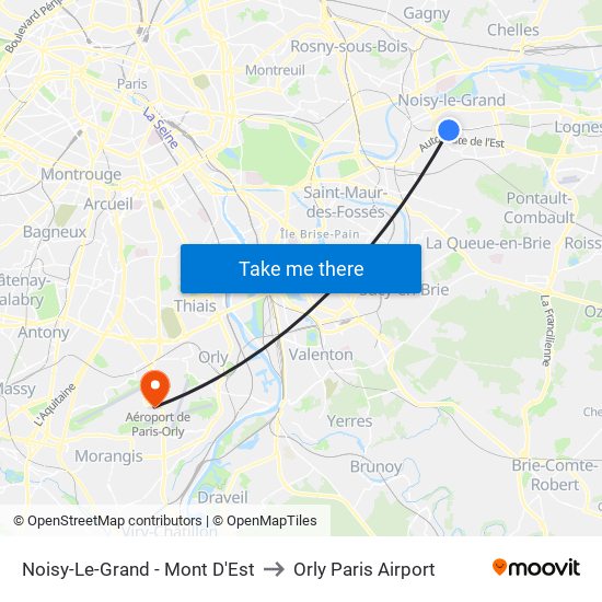 Noisy-Le-Grand - Mont D'Est to Orly Paris Airport map