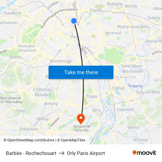 Barbès - Rochechouart to Orly Paris Airport map