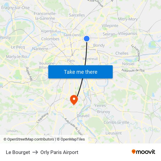 Le Bourget to Orly Paris Airport map