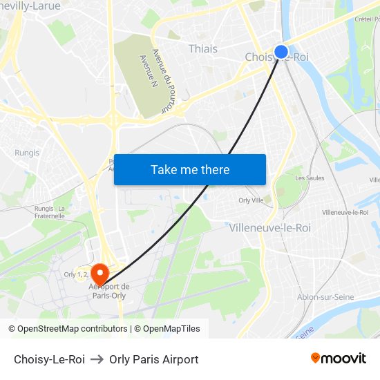 Choisy-Le-Roi to Orly Paris Airport map