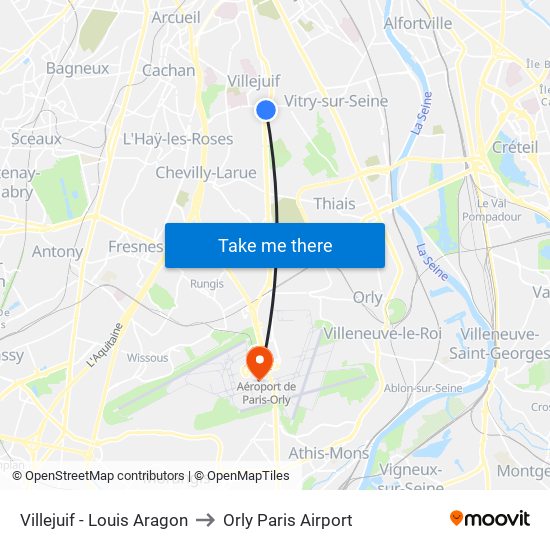 Villejuif - Louis Aragon to Orly Paris Airport map
