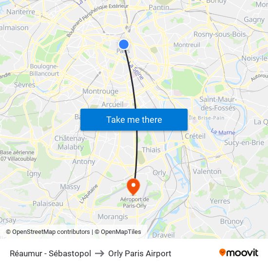 Réaumur - Sébastopol to Orly Paris Airport map