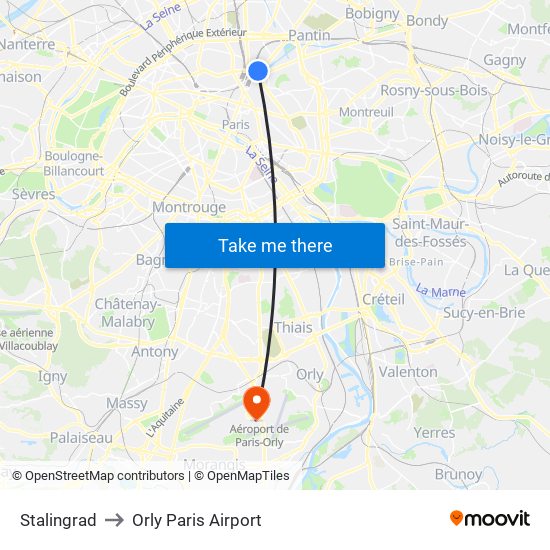 Stalingrad to Orly Paris Airport map