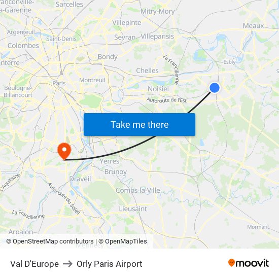 Val D'Europe to Orly Paris Airport map